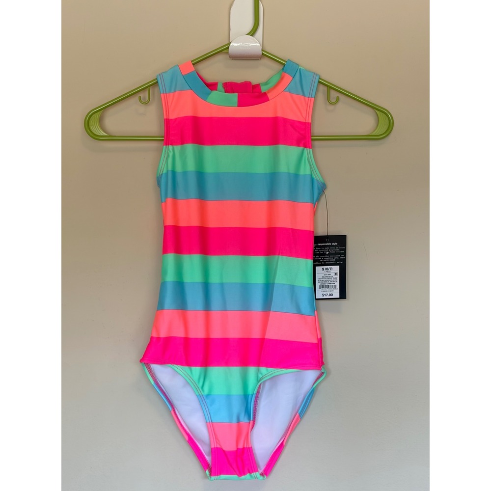 Art Class Multicolor Stripe Back Zip 1pc Swim Bathing Suit Small 6/7 NEW NWT